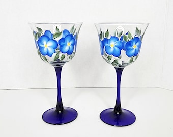 Hand Painted Wine Glasses with Cobalt Blue Stems and Flowers, Floral Painted Wine Glass, Personalize