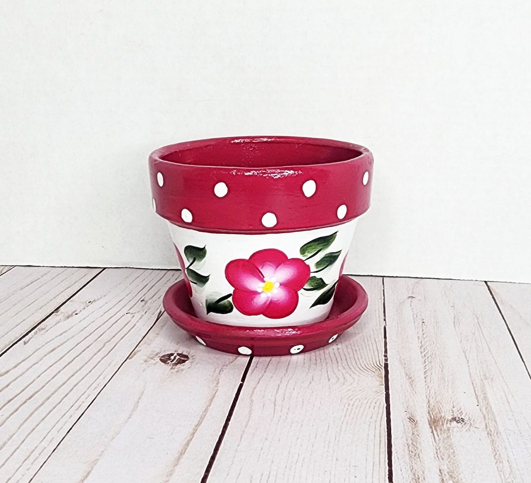 Hand Painted Flower Pot, Pink Flowers and Polka Dots, Floral Flower Pot