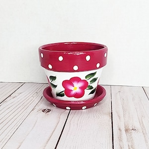 Hand Painted Flower Pot, Pink Flowers and Polka Dots, Floral Flower Pot, Gift for Mom, Planter