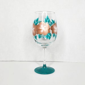 Hand Painted Wine Glasses with Copper and Teal Flowers, Floral Painted Wine Glass, Personalize