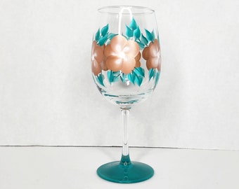 Hand Painted Wine Glasses with Copper and Teal Flowers, Floral Painted Wine Glass, Personalize