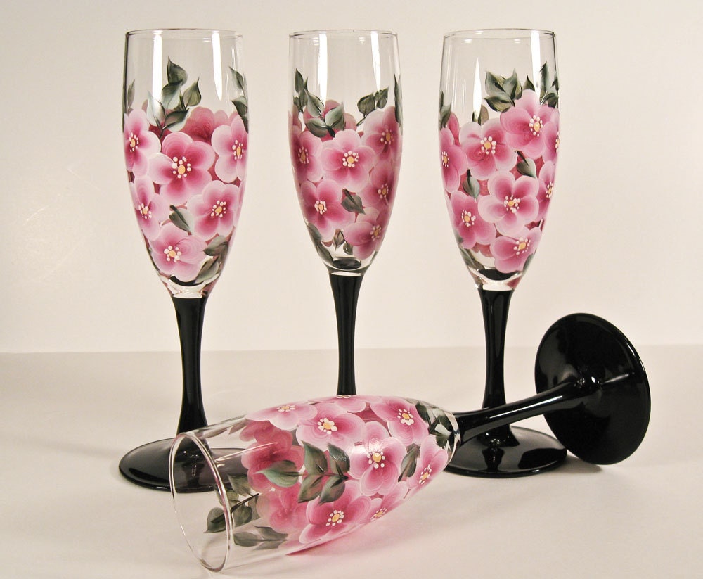 Hand Painted Champagne Glasses Pink Wild Rose Set of Four