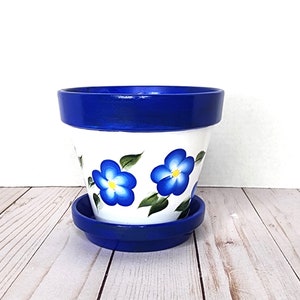 Hand Painted Flower Pot, Blue Flowers, Floral Flower Pot, Gift for Mom, Planter Cobalt Blue