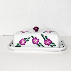 Hand Painted Dark Pink Floral Butter Dish with Lid and Base