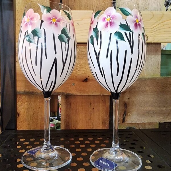 Hand Painted Wine Glasses,  Hand Painted Zebra Print Wine Glasses, Floral Painted Wine Glass, Animal Print Painted Wine Glasses, Personalize