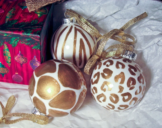 Gold and White Animal Print Christmas Ornaments Hand Painted, Christmas