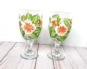 Hand Painted Goblet Water  Glasses with Shades of Peach Flowers, Floral Painted Drinking Glass, Personalize