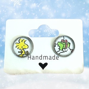 Peanuts Snoopy and Woodstock Winter Christmas Present 12mm Stud Earrings
