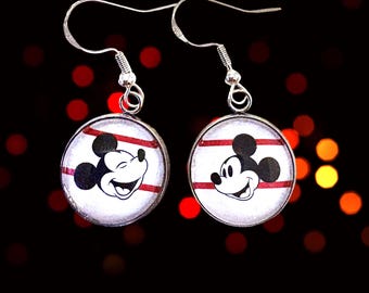 Disney Mickey Mouse Red Striped 18mm Dangle Charm Earrings. 925 Silver Hypo-allergenic.