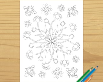 PÁGINA PARA COLOREAR DE ABEJAS imprimible - Jardín de flores, Descarga digital, EvisionArts