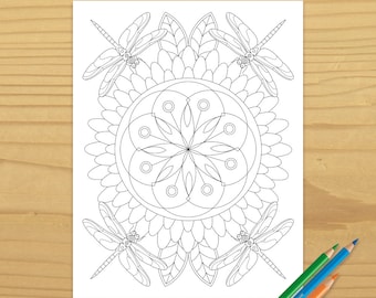 Printable DRAGONFLY COLORING PAGE - Flower Garden, Digital Download, EvisionArts