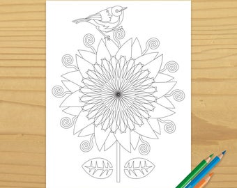 Printable BIRD COLORING PAGE - Flower Garden, Digital Download, EvisionArts