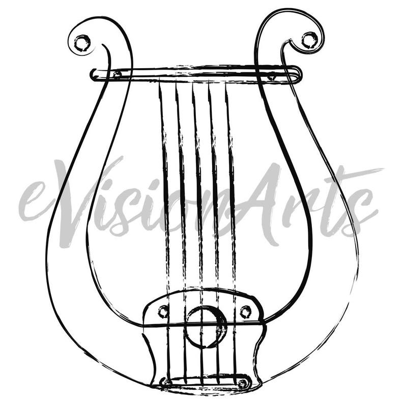 May include: A black and white line drawing of a lyre, a stringed musical instrument.