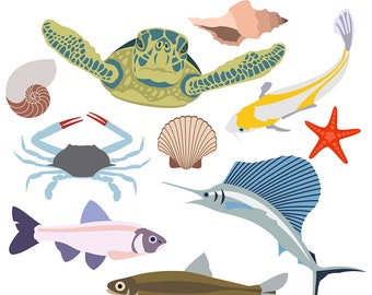 Printable OCEAN CLIP ART - Turtle, Fish, Crab, Shells, Starfish, Digital Download, EvisionArts