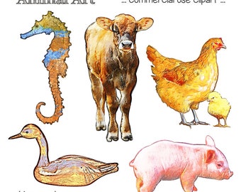 PRINTable ANIMAL CLIP ART - acquerello, cavalluccio marino, mucca, pollo, anatra, maiale, download digitale, EvisionArts