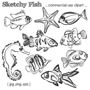 Printable FISH CLIP ART starfish, seahorse, black and white, fish, Digital Download, EvisionArts image 1