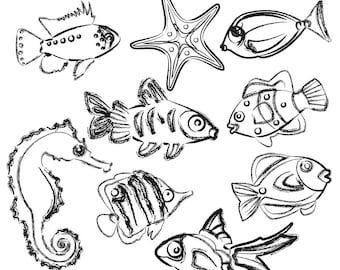 Printable FISH CLIP ART - starfish, seahorse, black and white, fish, Digital Download, EvisionArts