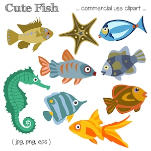 Printable FISH CLIP ART - Seahorse, Starfish, Tropical, Digital Download, EvisionArts