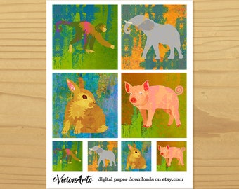 Printable ANIMAL COASTERS - Monkey, Elephant, Rabbit, Pig, Digital Download, EvisionArts