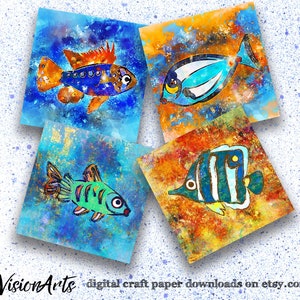 Printable FISH CRAFT PAPER - Collage Sheet, Scrapbook, Watercolor, Digital Download, EvisionArts