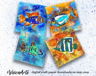 Printable FISH CRAFT PAPER - Collage Sheet, Scrapbook, Watercolor, Digital Download, EvisionArts