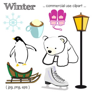Afdrukbare WINTER CLIP ART - Polar Bear, Snowflake, Cacao, Lamp Post, Mittens, Sled, Skate, Digital Download, EvisionArts
