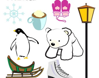 Druckbare WINTER CLIP Art - Eisbär, Schneeflocke, Kakao, Lampe Post, Handschuhe, Schlitten, Skate, digitaler Download, EvisionArts