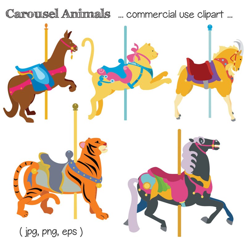 Printable CAROUSEL CLIP ART Kangaroo, Cat, Goat, Tiger, Horse, Digital Download, EvisionArts image 1