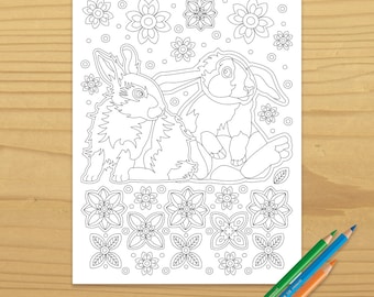 Printable RABBIT COLORING PAGE - Two Bunnies, Digital Download, EvisionArts