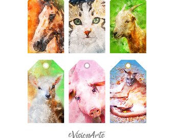 Printable ANIMAL GIFT TAGS - Watercolor, Cat, Horse, Goat, Pig, Digital Download, EvisionArts