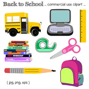 Afdrukbare SCHOOL CLIP ART - Bus, Liniaal, Tape, Schaar, Computer, Boeken, Potlood, Digitale Download, EvisionArts