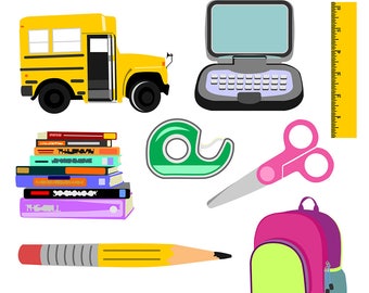Printable SCHOOL CLIP ART - Bus, Ruler, Tape, Scissors, Computer, Books, Pencil, Digital Download, EvisionArts