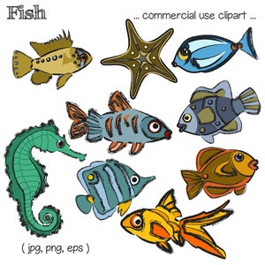 Printable FISH CLIP ART - Starfish, Seahorse, Tropical, Digital Download, EvisionArts