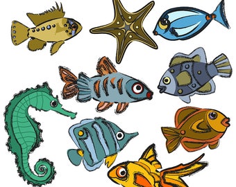 Utskrivbar FISKCLIPART - Sjöstjärna, Sjöhäst, Tropisk, Digital nedladdning, EvisionArts