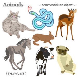Printable ANIMAL CLIP ART Cat, Snake, Deer, Horse, Rabbit, Cow, Dog, Digital Download, EvisionArts imagem 1