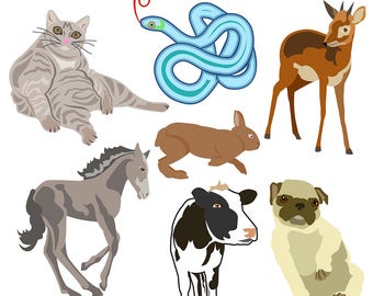 Printable ANIMAL CLIP ART - Cat, Snake, Deer, Horse, Rabbit, Cow, Dog, Digital Download, EvisionArts