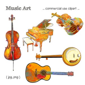 Printable MUSIC CLIP ART Cello, Piano, Violin, Banjo, Guitar, Digital Download, EvisionArts image 1