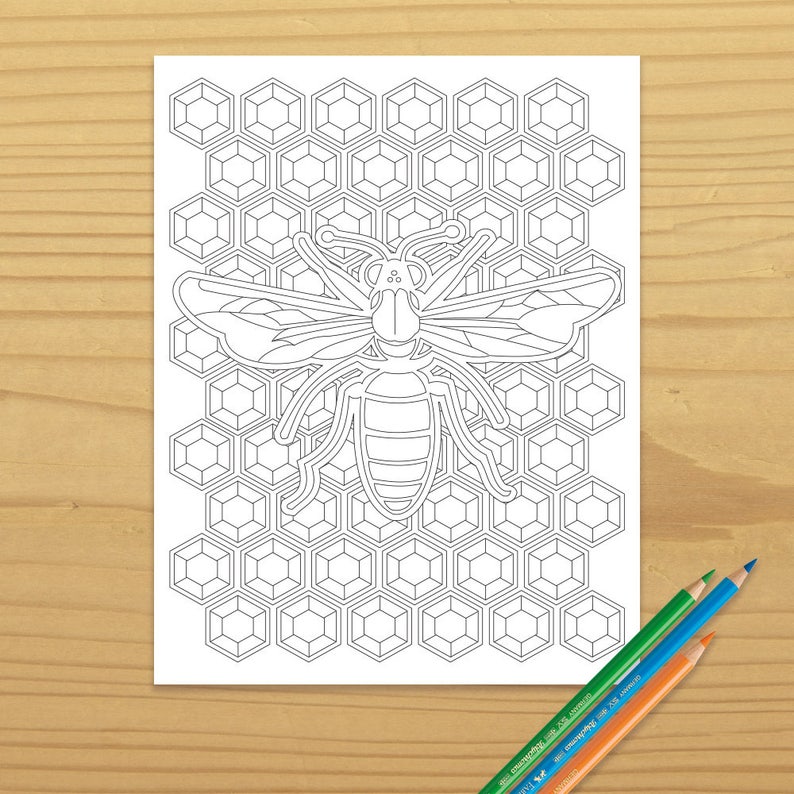 Puede incluir: Un dibujo en blanco y negro de una abeja sobre un fondo de panal. La abeja est&aacute; en el centro de la imagen y mira hacia adelante. El panal est&aacute; formado por celdas hexagonales.