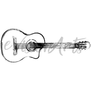 May include: A black and white line drawing of an acoustic guitar. The guitar is drawn in a simple, stylized way, with a focus on the shape of the instrument.
