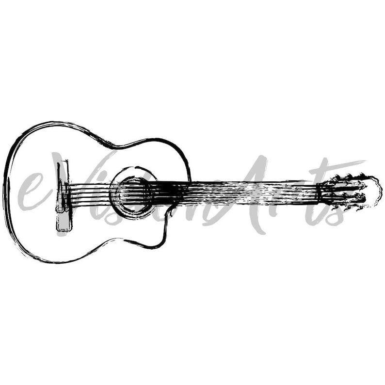 May include: A black and white line drawing of an acoustic guitar. The guitar is drawn in a simple, stylized way, with a focus on the shape of the instrument.