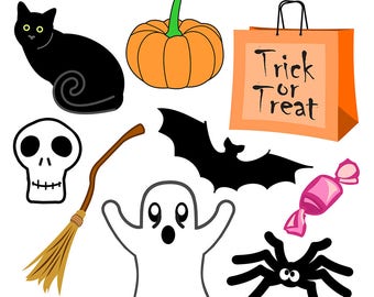 Printable HALLOWEEN CLIP ART - Black Cat, Pumpkin, Broom, Ghost, Skull, Bat, Spider, Digital Download, EvisionArts