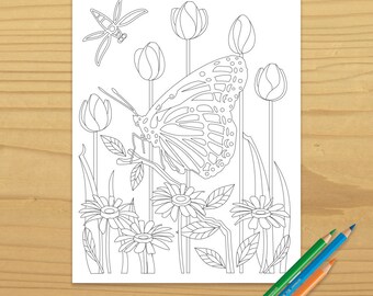 Printable BUTTERFLY COLORING PAGE - Dragonfly, Flower, Garden, Digital Download, EvisionArts