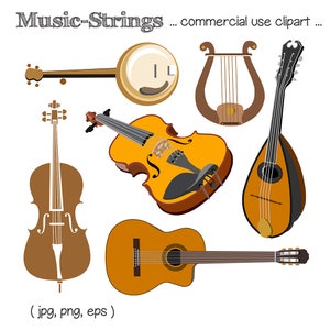 Printable MUSIC CLIP ART - Cello, Banjo, Violin, Guitar, Lute, Lyre, Digital Download, EvisionArts