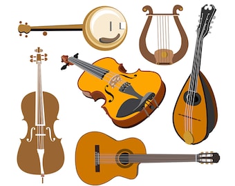 Printable MUSIC CLIP ART - Cello, Banjo, Violin, Guitar, Lute, Lyre, Digital Download, EvisionArts