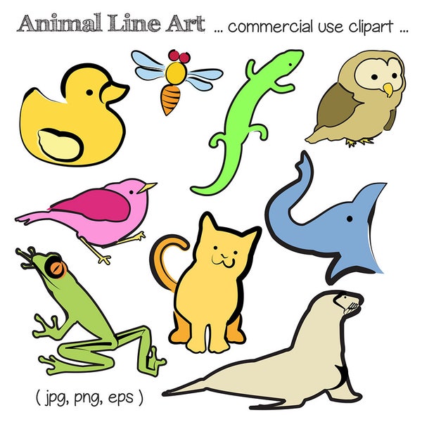 Printable ANIMAL CLIP ART - Duck, Bee, Lizard, Owl, Bird, Cat, Elephant, Frog, Seal, Digital Download, EvisionArts