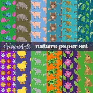 May include: A digital paper pack with 10 different patterns featuring nature-themed illustrations. The patterns include snails, rhinos, pigs, mice, monkeys, leaves, ducks, elephants, frogs, flowers, and rabbits. The patterns are in various colors, including green, blue, orange, purple, and brown. The text "eVisionArts nature paper set" is at the bottom of the image.