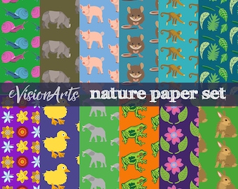 Printable ANIMAL SCRAPBOOK PAPER - rabbit,duck,elephant, frog, monkey, mouse, Digital Download, EvisionArts