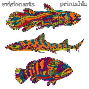 Printable FISH WALL ART - Three Colorful Fish, Digital Download, EvisionArts