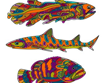 Printable FISH WALL ART - Three Colorful Fish, Digital Download, EvisionArts