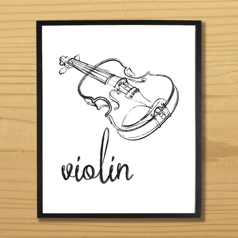 May include: A black and white line drawing of a violin with the word "violin" written underneath.